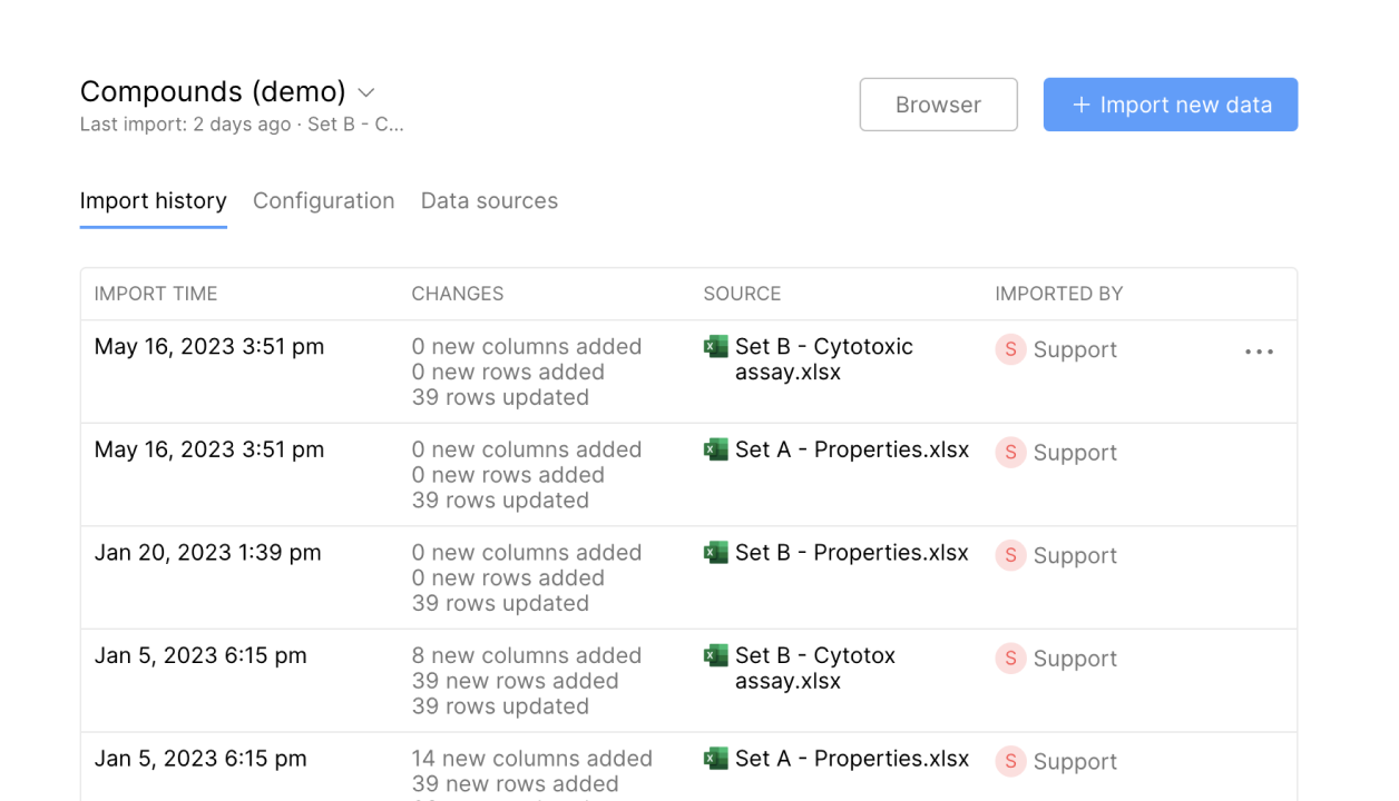 Manage your data import history